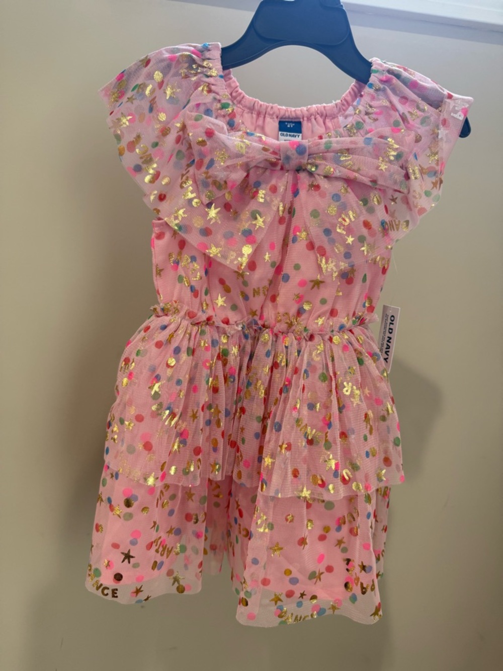 Old Navy Pink Tulle Party Dress with Gold Stars and Multicolor Dots